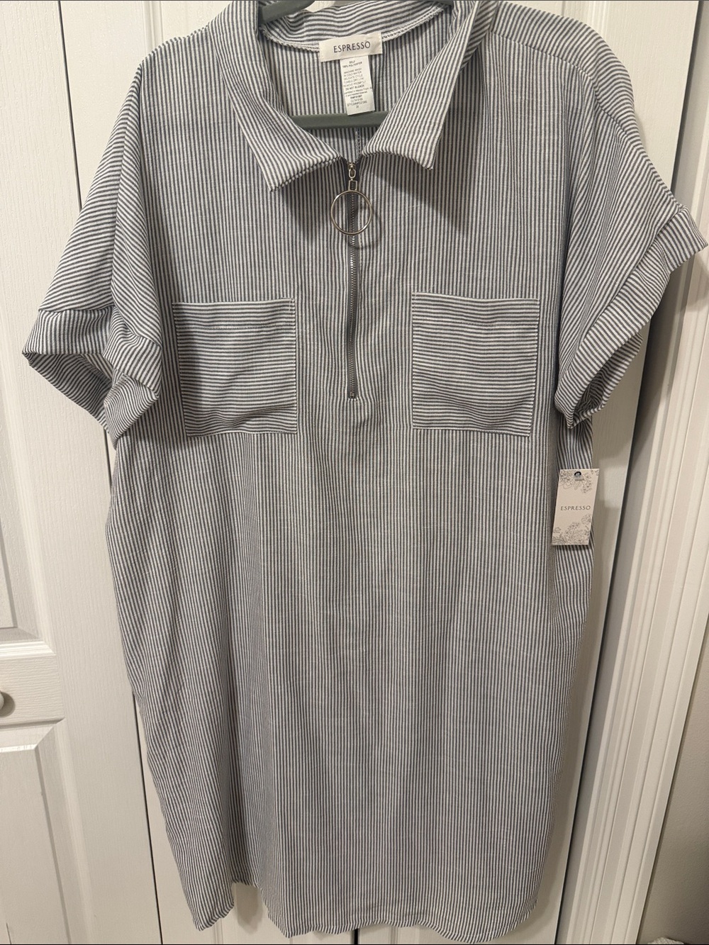 Espresso Grey and-White Striped Midi Dress with Ring Zip